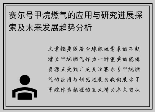 赛尔号甲烷燃气的应用与研究进展探索及未来发展趋势分析